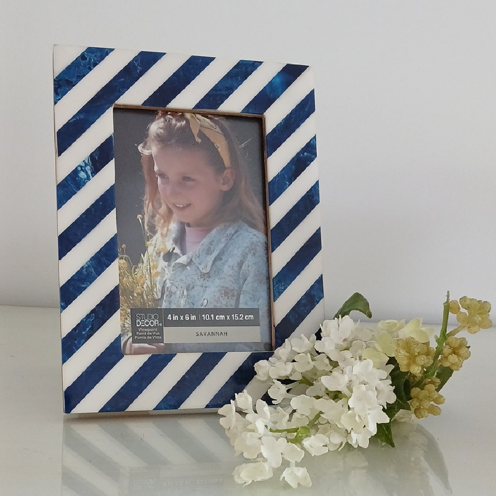 Studio Decor SAVANNAH Blue White Diagonal Stripes Coastal 4x6" Photo Frame